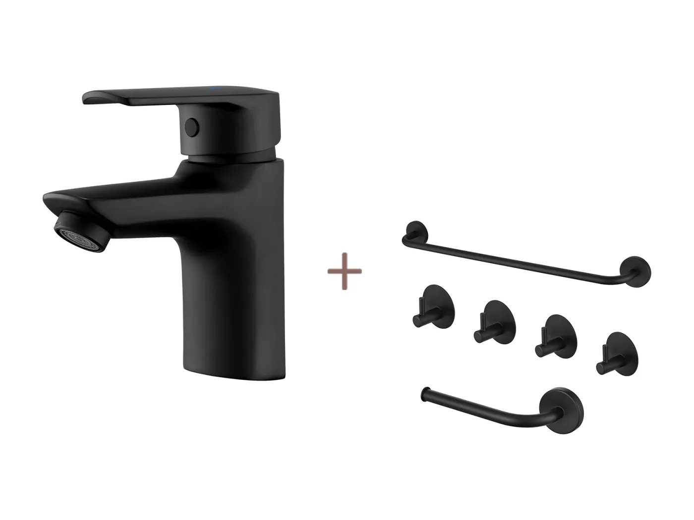 Einloch-Waschtischarmatur mit Ablaufgarnitur, schwarzer Badhahn + 6-teiliges Badzubehör-Set, selbstklebend/bohrbar, Edelstahl