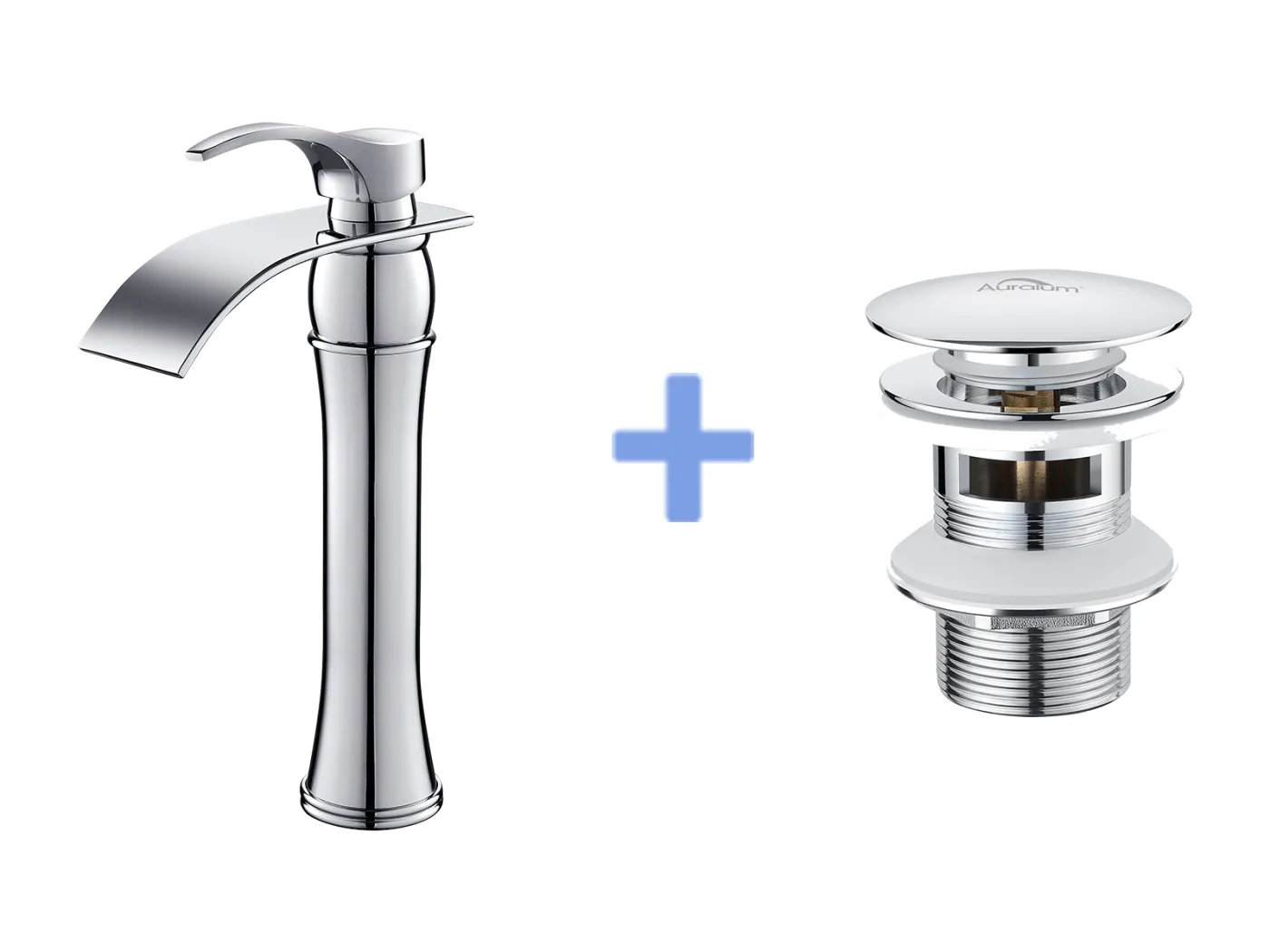 Moocommand Waschbeckenarmatur mit Wasserfall-Design, hoher Auslauf, Chrom, inkl. Ablaufgarnitur, Pop-up-Ablaufgarnitur mit universellem, automatischem Überlauf