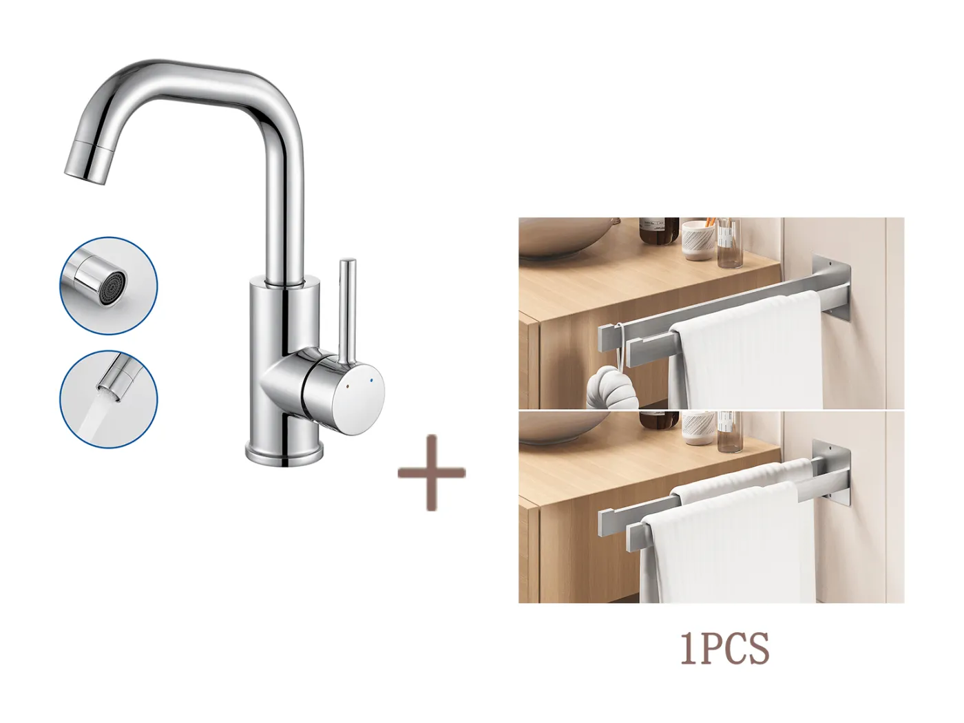 Auralum max Einhebel-Waschtischarmatur, 360° Schwenkbarer Waschtischhahn, mit Abnehmbarem Luftsprudler, Chrom + Klebe-/Bohren-Bad-Handtuchhalter, Gebürstet