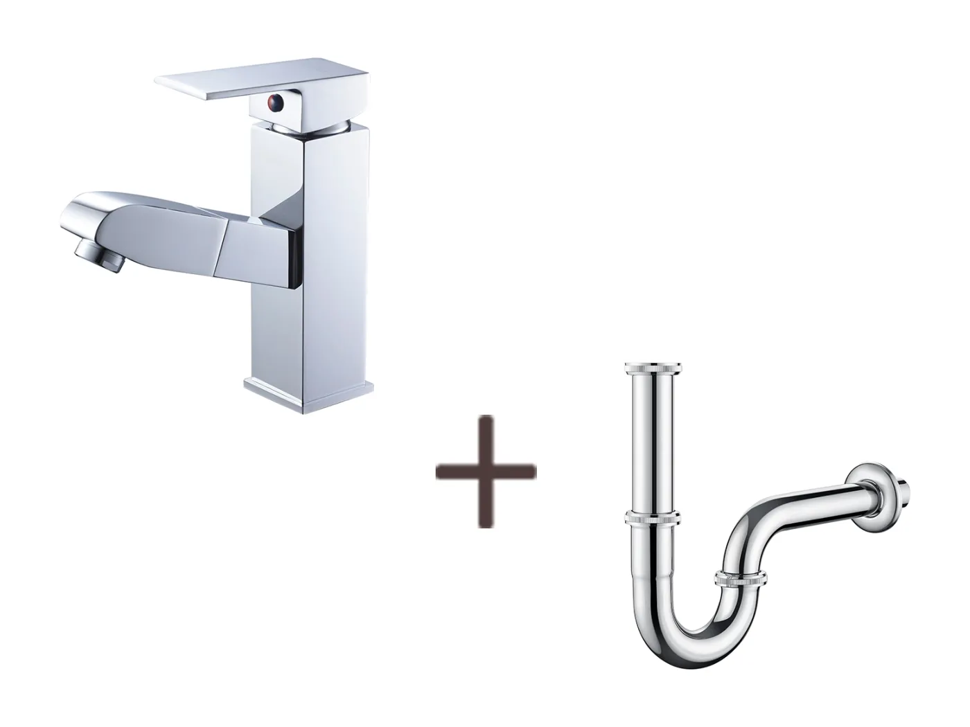 Spültischarmatur mit ausziehbarer Brause, Messing, Chrom, Kalt-/Warmwasser + U-förmiger Spülbeckensiphon, geruchshemmendes Siphonrohr aus Edelstahl, Ø32 mm, Chrom