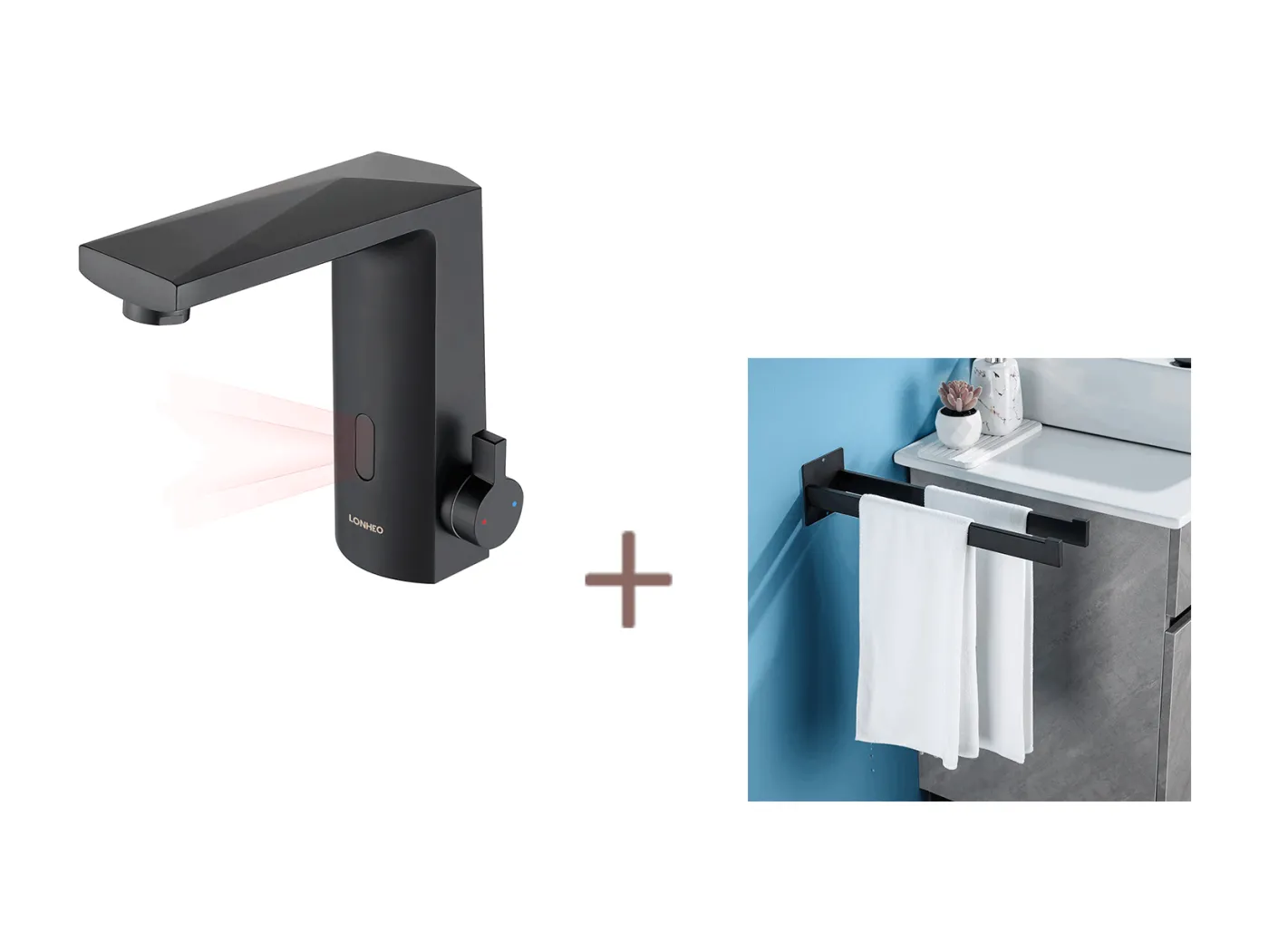 Automatischer intelligenter Infrarot-Sensor-Waschtischmischer, schwarz, inkl. Klebe-/Bohren-Badezimmerhandtuchhalter, Handtuchstangen, Edelstahl, schwarz