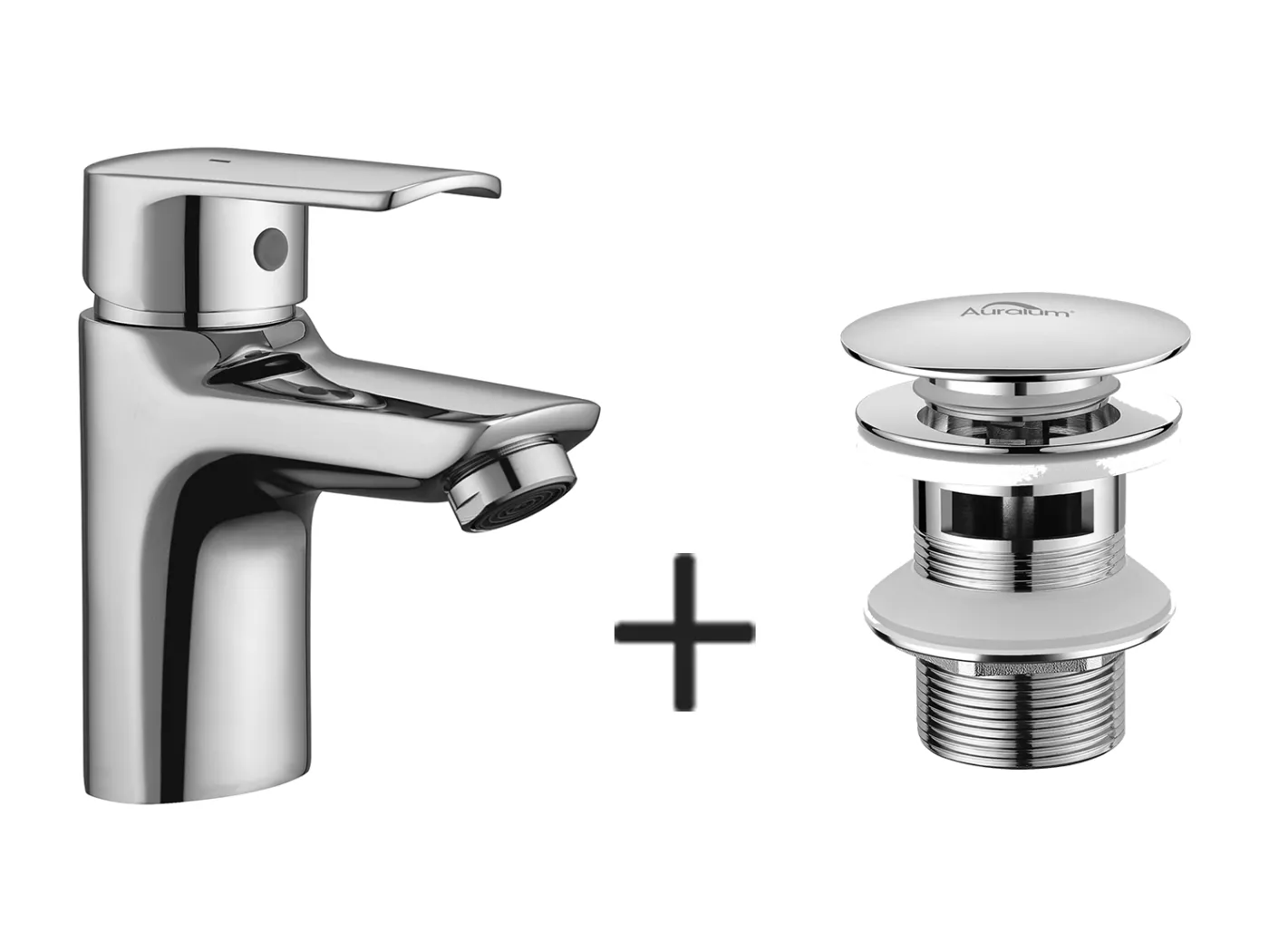 Einloch-Waschtischmischer aus Chrom mit Zugstangen-Ablaufloch, Kalt-/Warmwasser + Waschtisch-Ablaufgarnitur, Zugstangen-Ablaufgarnitur mit automatischem Überlauf