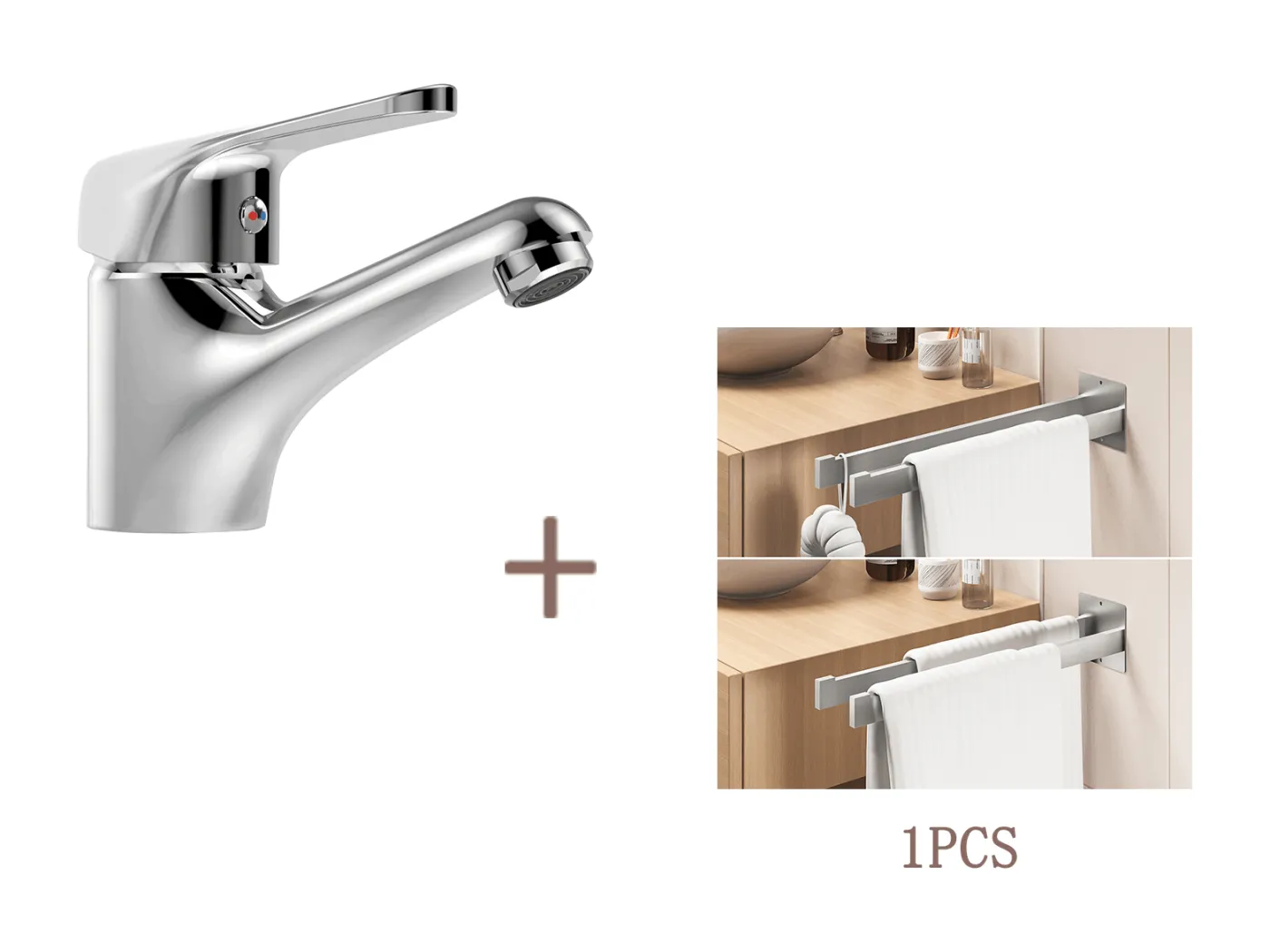 Auralum MAX Einloch-Waschtischarmatur ohne Zugstangen-Ablaufgarnitur, Waschtischarmaturen aus verchromtem Messing + Handtuchhalter fürs Bad zum Kleben/Bohren, Gebürstet