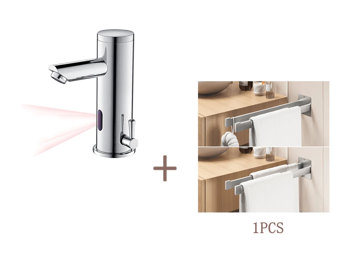 Auralum max Elektronische Infrarot-Waschtischarmatur Kalt-/Warmwasser Messing Chrom + Handtuchhalter Kleben/Bohren, Gebürstet