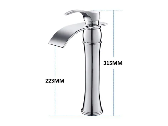AuraLum Max Badezimmer-Waschbeckenarmatur, Wasserfall-Waschtisch-Mischbatterie, hoher Auslauf 315 mm, Waschtischarmatur aus Messing, Chrom, EU-Modell