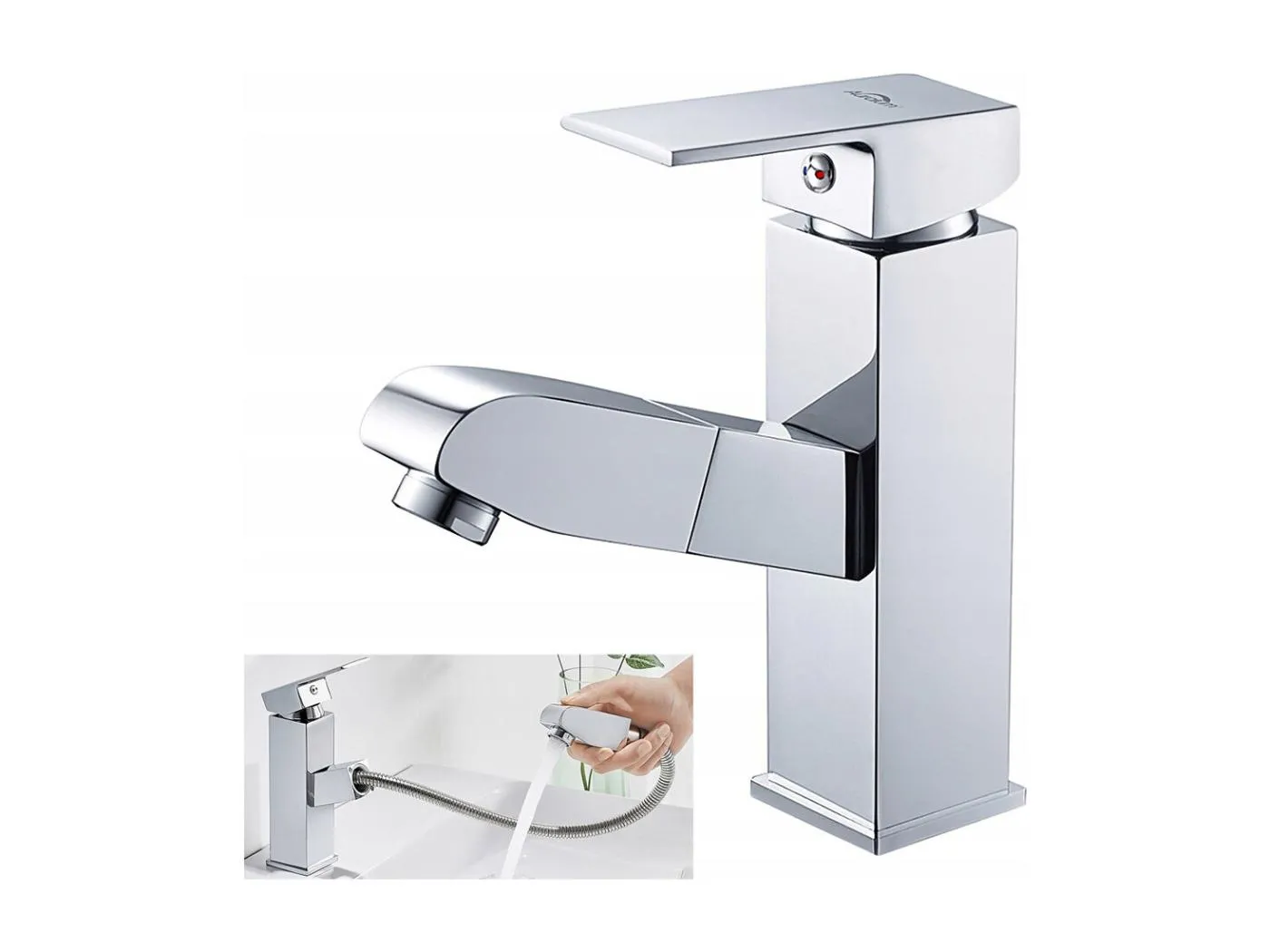 Messing-Waschtischarmatur mit ausziehbarer Brause, Badezimmer-Mischbatterie mit 2 Modi, abnehmbarem Luftsprudler, Keramikkartusche, Chrom