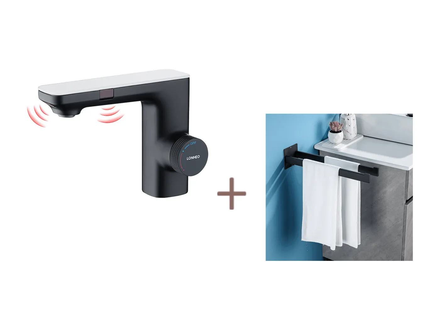 Lonheo max Automatischer intelligenter Waschtisch-Mischbatterie mit Infrarot-Sensor, Wasseranschluss aus schwarzem Messing + Handtuchhalter für Badezimmer zum Kleben/Bohren, Edelstahl, Schwarz, 40 cm