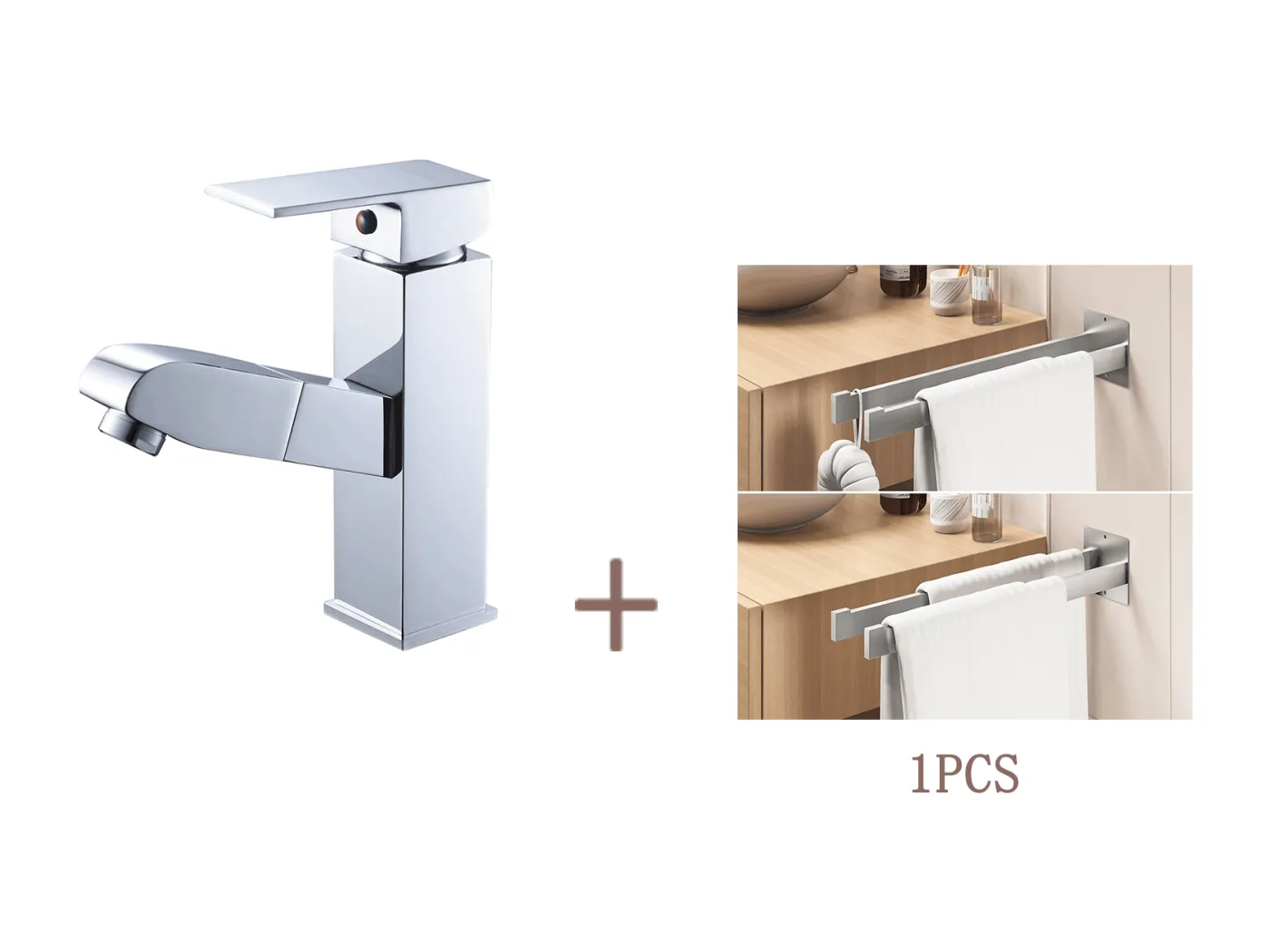 Waschbeckenarmatur mit ausziehbarer Brause, Chrom, Kalt-/Warmwasser + Klebe-/Bohren-Badezimmerhandtuchhalter, wandmontierte Handtuchstangen, gebürstet