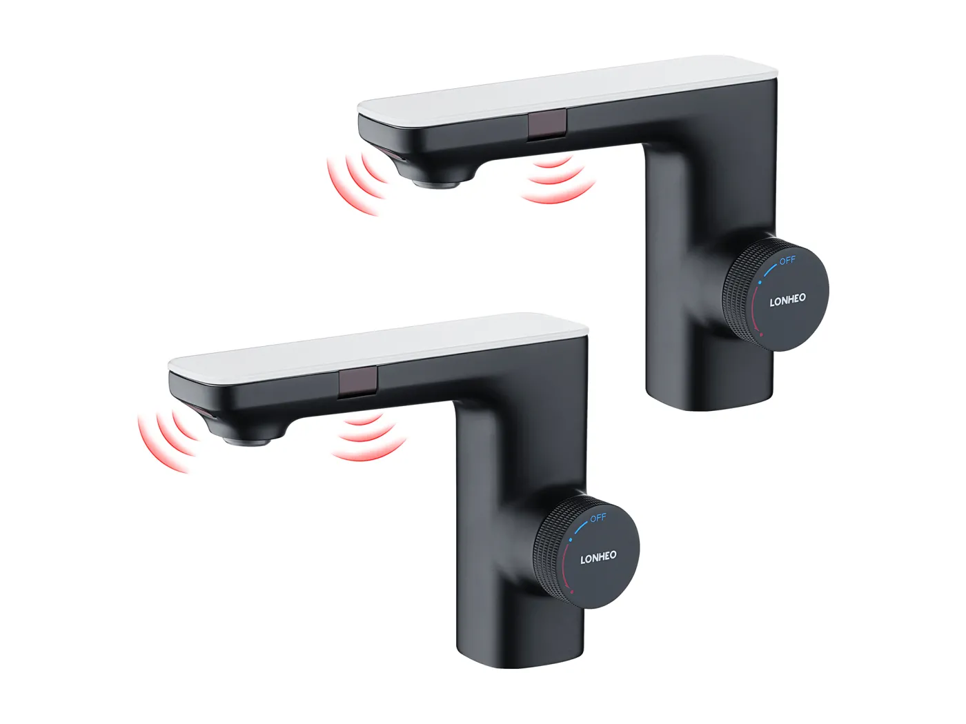 2 Stück Automatischer intelligenter Infrarot-Sensor-Waschtischmischer, schwarzer elektronischer Infrarot-Mischhahn aus Messing