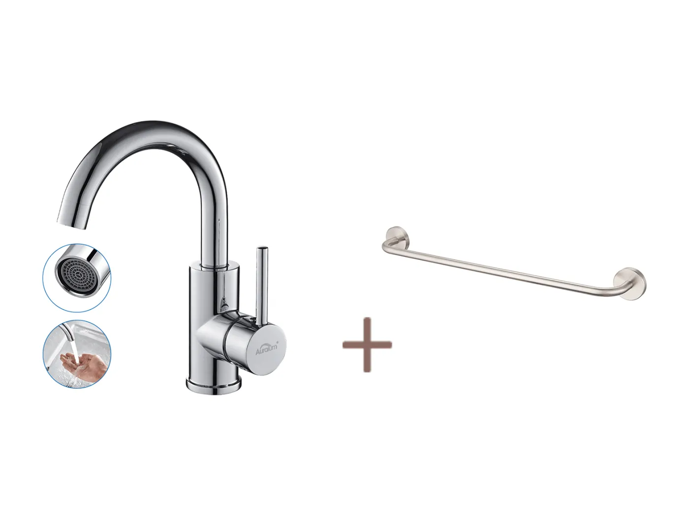 AURALUM MAX Bad-Waschtischarmatur, hoher Auslauf, Chrom glänzend, drehbar 360°+60cm, Bad-Handtuchhalter, selbstklebend oder zum Bohren, aus 304 Edelstahl