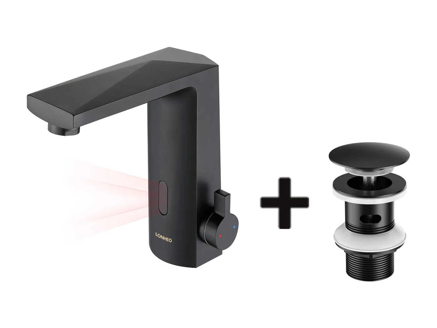 Automatischer intelligenter Infrarot-Sensor-Spültischmischer, schwarz, Warm-/Kaltwasser + Spülbeckenablauf, Pop-Up-Ablauf mit Überlauf, automatisch, universell