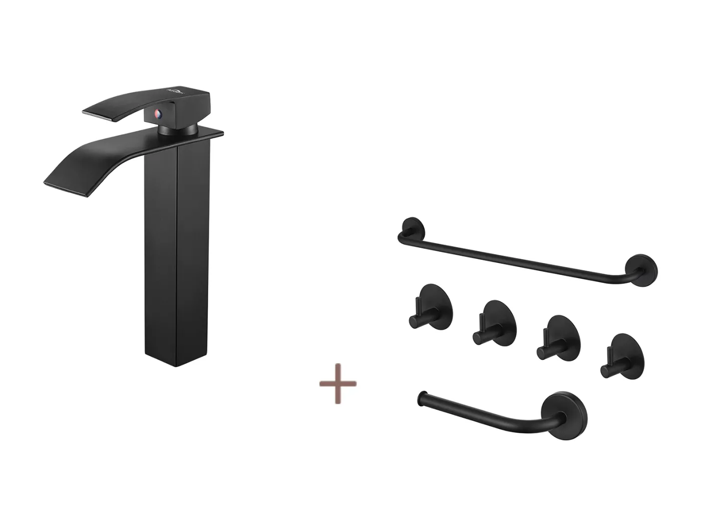 Auralum max Einhebel-Waschtischarmatur mit Wasserfall, schwarz + Bad-Zubehör-Set 6-teilig, selbstklebend/bohrbar, Edelstahl, schwarz