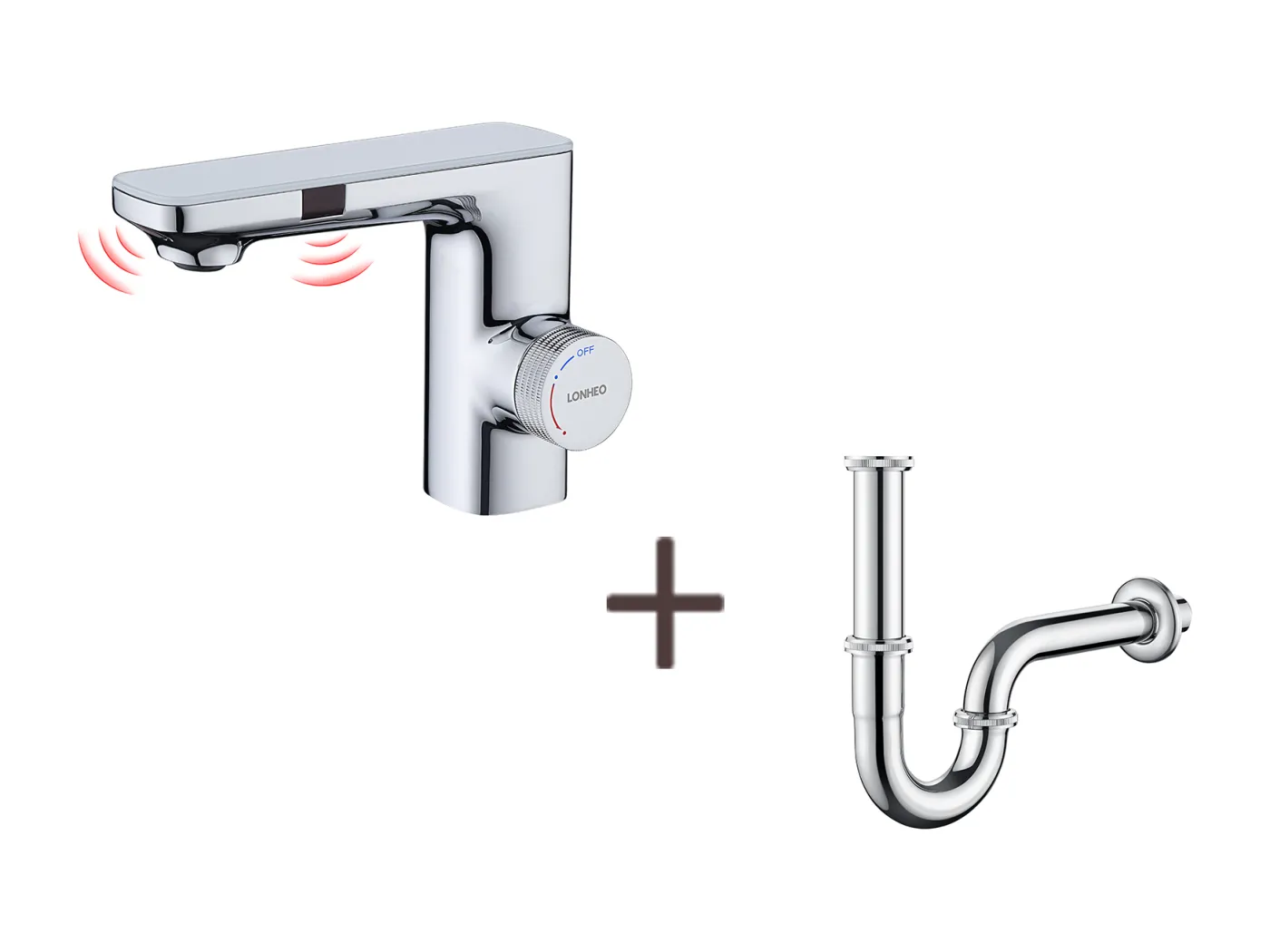 Automatischer Infrarot-Wasserhahn, abnehmbarer Sprudeler, doppelte Induktion, Chrom + U-förmiger Spülbeckensiphon, Siphonrohr aus Edelstahl, Chrom