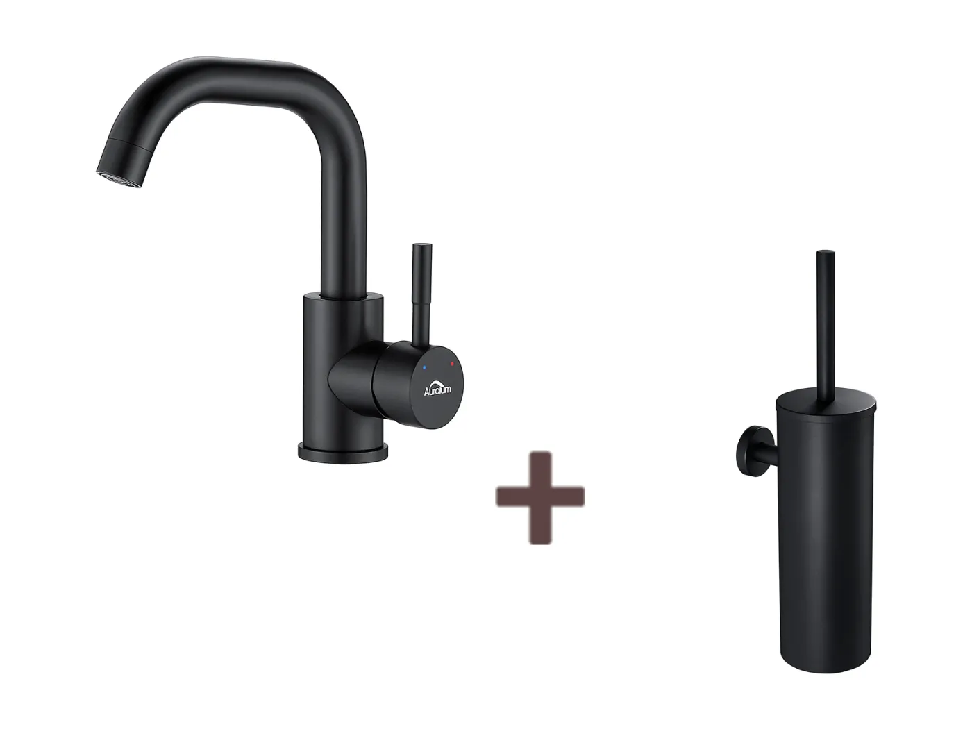 Schwarzer Waschbeckenhahn mit abnehmbarem Sprudeler, 360°-Drehung + wandmontierte Toilettenbürste mit Bürstenhalter, Edelstahl, Schwarz