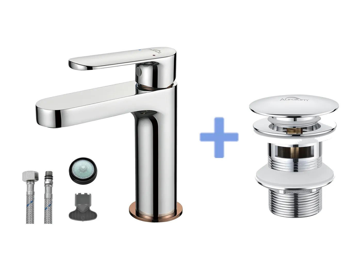 Moderner Badezimmer-Wasserhahn, Waschtisch-Mischbatterie, Roségold-Finish, Chrom + Waschbecken-Ablaufgarnitur mit Pop-up-Ablauf und universellem automatischen Überlauf