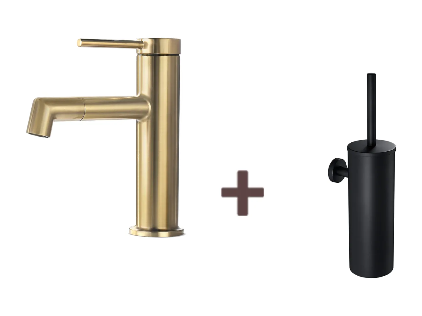 360° drehbarer goldener Waschtisch-Mischhahn, Warm-/Kaltwasser, abnehmbarer Sprudeler + wandmontierte Toilettenbürste mit Bürstenhalter, Edelstahl, Schwarz