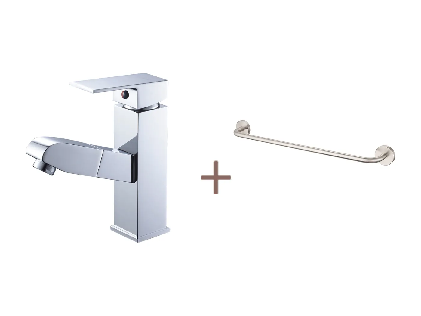 Waschtischarmatur mit ausziehbarer Brause, Messing, Chrom, Kalt- und Warmwasser + 60 cm Badezimmer-Handtuchhalter, selbstklebend oder zum Bohren, aus Edelstahl 304