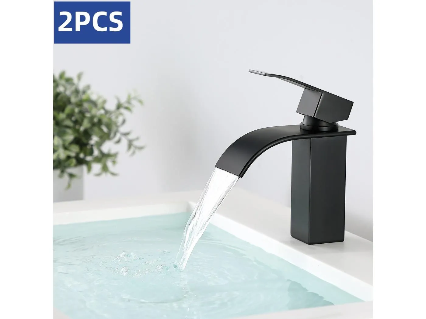 Cecipa max 2 Stück Schwarzer Wasserfall-Waschtischhahn aus Messing, Mischbatterie für Badezimmer, modernes Design, EU-Modell