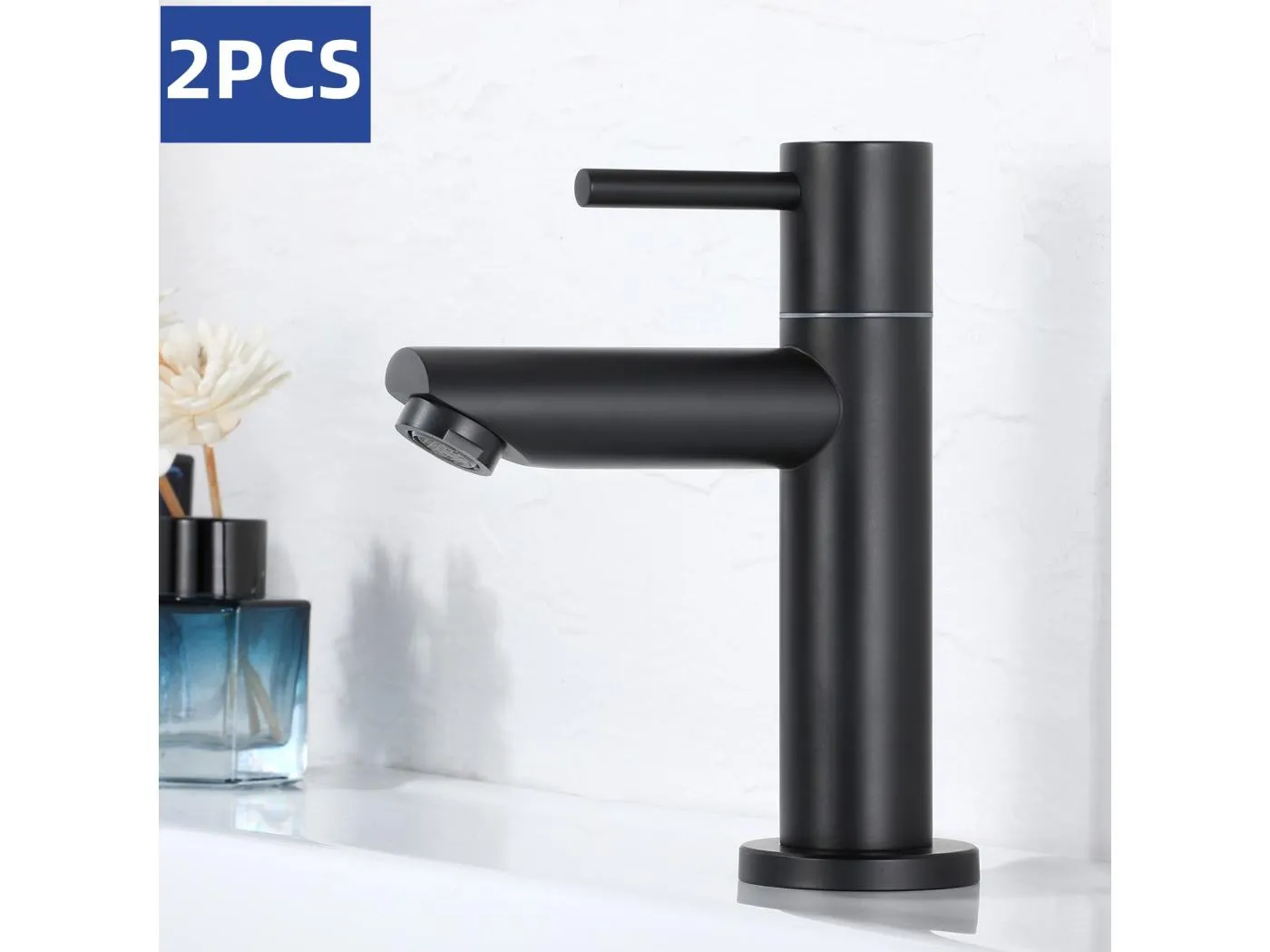 Cecipa max 2 Stück schwarzer Waschtischhahn, Badezimmer-Waschbeckenhahn mit Ausguss, Wasserhahn nur für kaltes Wasser, EU-Modell