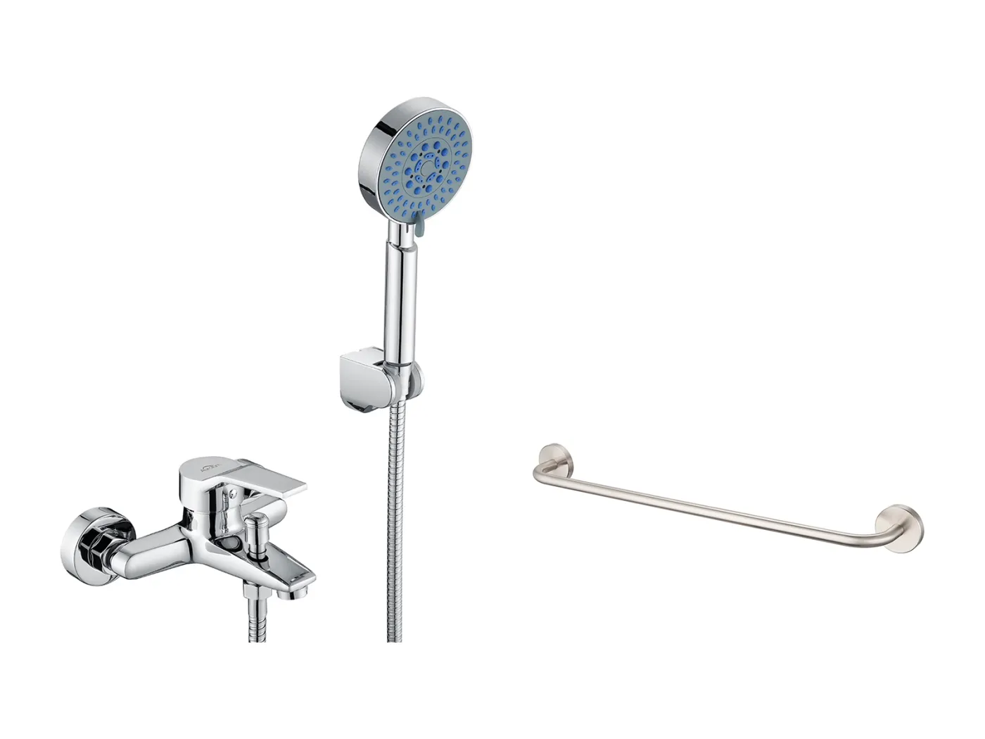 Chrom-Wannenmischbatterie, mit 5 Düsen, Handbrause/Brauseschlauch (1,5 m), Halterung + 60 cm Handtuchhalter fürs Badezimmer, selbstklebend/bohrend, Edelstahl