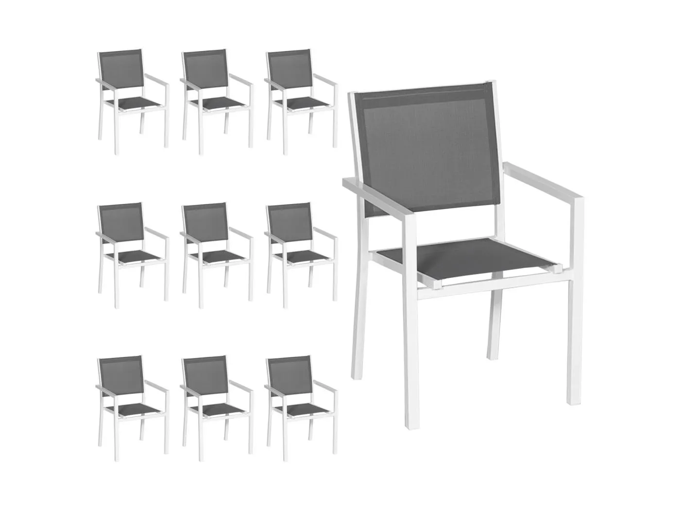 10er Set Stühle aus weißem Aluminium - graues Textilene