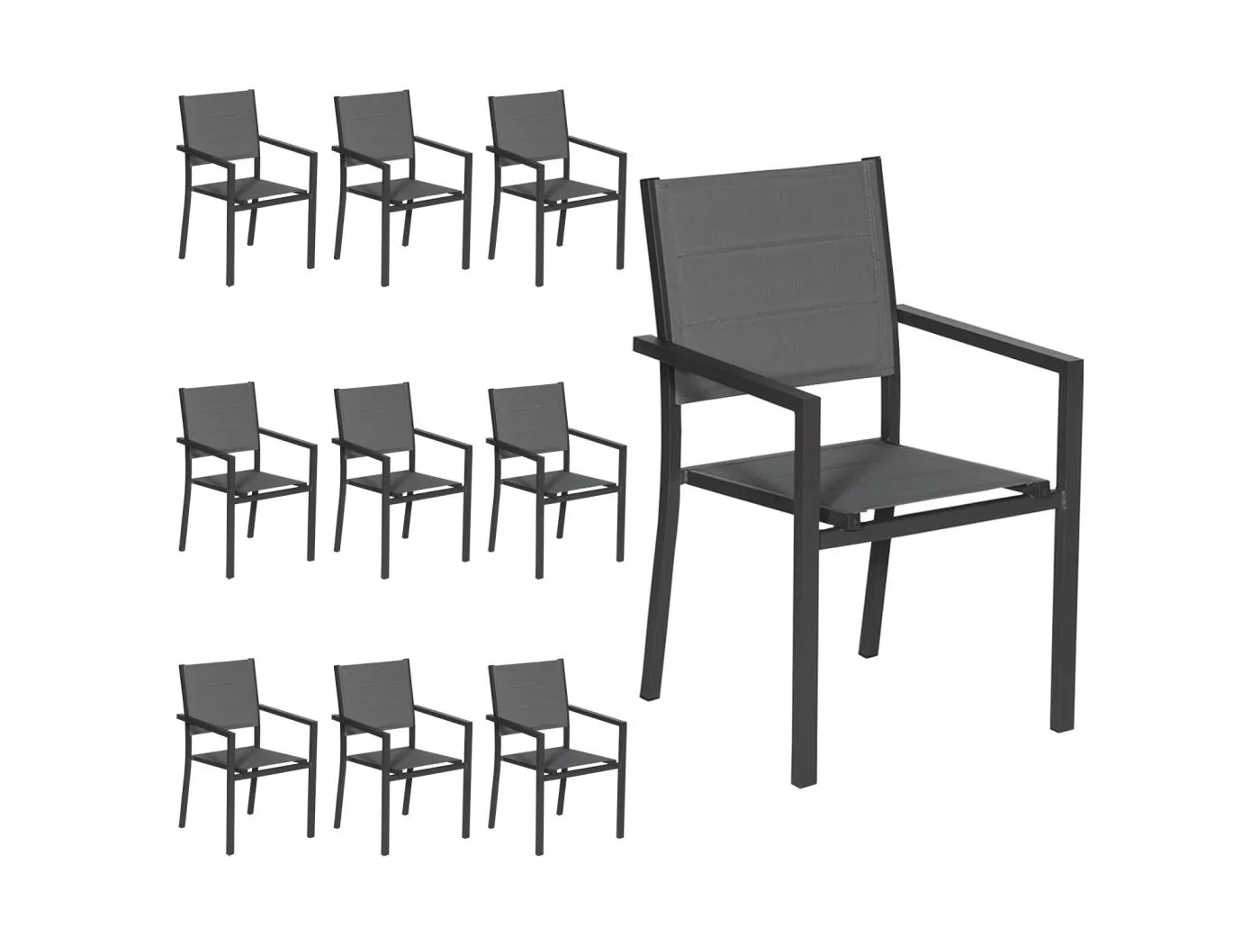 10er Set gepolsterten Stühlen aus anthrazitfarbenem Aluminium - graues Textilene
