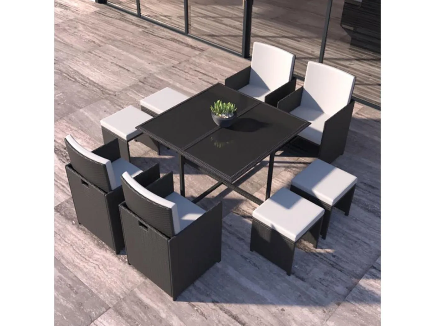 Gartenmöbelset 8-Sitzer aus schwarz-weißem Polyrattan FLORIDA - Modern, stapelbar, elegant