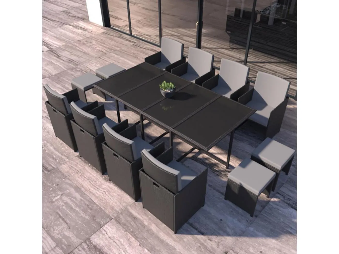 12-Sitzer Gartenmöbel-Set aus schwarz-grauem Polyrattan FLORIDA - Zeitgenössisches Design, 12 Sitze, verstaubar, abnehmbare Kissen