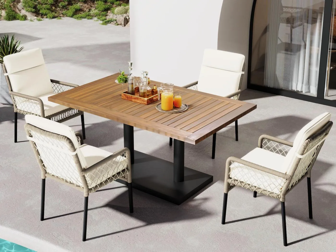Esszimmer-Set für den Garten für 4 Personen, Massivholz aus Akazie, Struktur aus galvanisiertem Eisen, 4 Stühle, 1 Tisch, Weiß