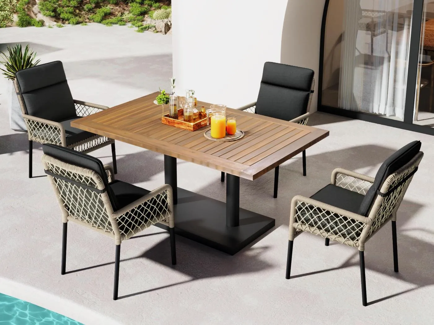 Esszimmer-Set für den Garten für 4 Personen, Massivholz aus Akazie, Struktur aus galvanisiertem Eisen, 4 Stühle, 1 Tisch, Schwarz