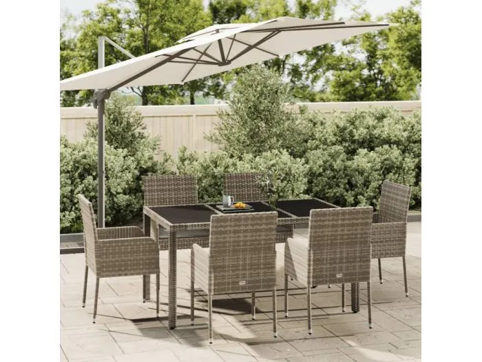 7-tlg. Garten-Essgruppe mit Kissen Grau Poly Rattan