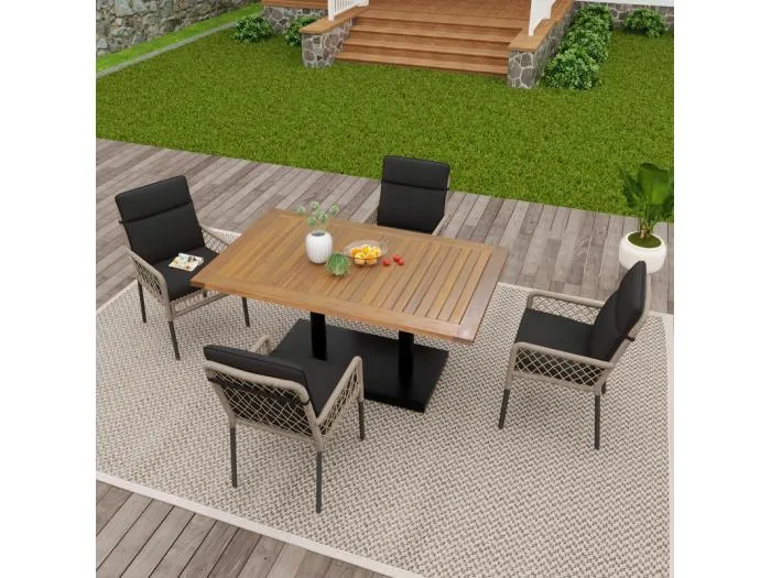 Garten-Esstisch aus verzinktem Eisen & Holz: Tisch 120 cm + 4 Sessel mit Kissen