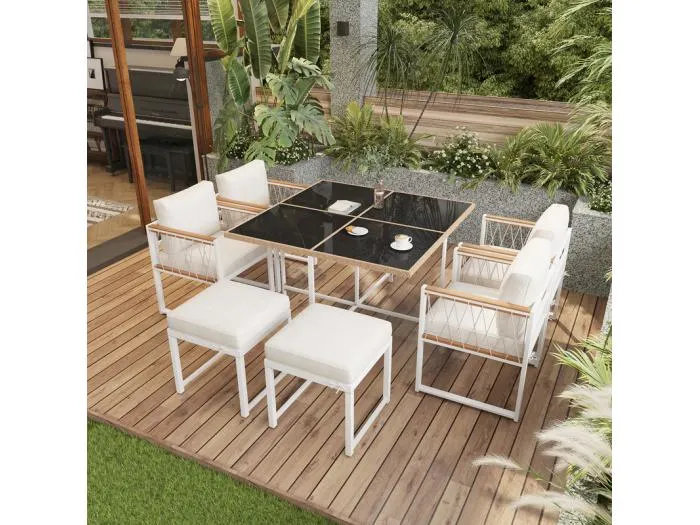 Garten-Esstisch aus Metall - Tisch aus Sicherheitsglas, 4 Sessel + 2 Hocker - Weiß & Schwarz