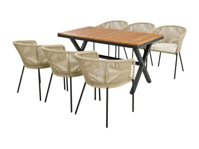 Garten-Esstisch aus Akazienholz: Tisch mit 6 Stühlen - verstellbare Füße - abnehmbare Kissenbezüge