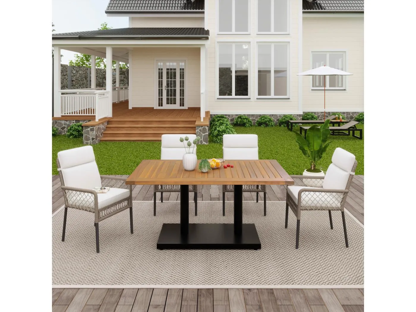 5er-Set Essgruppen,1 Holztisch und 4 weiße PE-Rattanstühle, für Garten und Hof