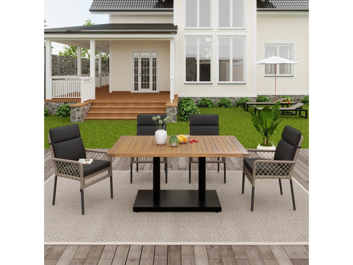 5er-Set Essgruppen, 1 Holztisch und 4 schwarze PE-Rattanstühle, für Garten und Hof