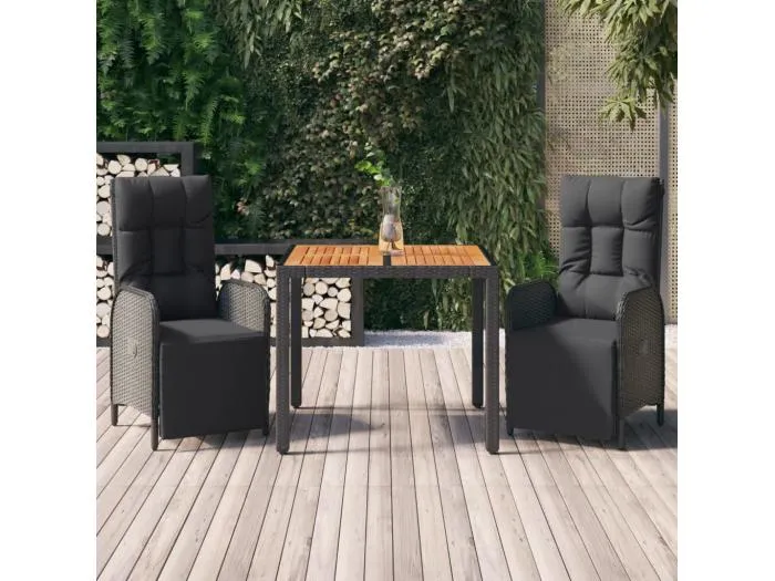 3-tlg. Garten-Essgruppe,Gartensitzgruppe mit Kissen Schwarz Poly Rattan -gkd34666