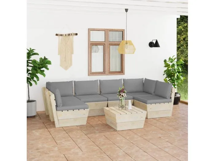 7-tlg. Garten-Sofagarnitur aus Paletten mit Kissen Fichtenholz