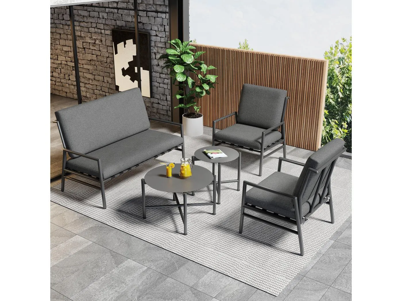Modulare Gartenmöbel aus verzinktem Eisen: 1 2-Sitzer-Sofa + 2 Sessel + Satztische - Grau