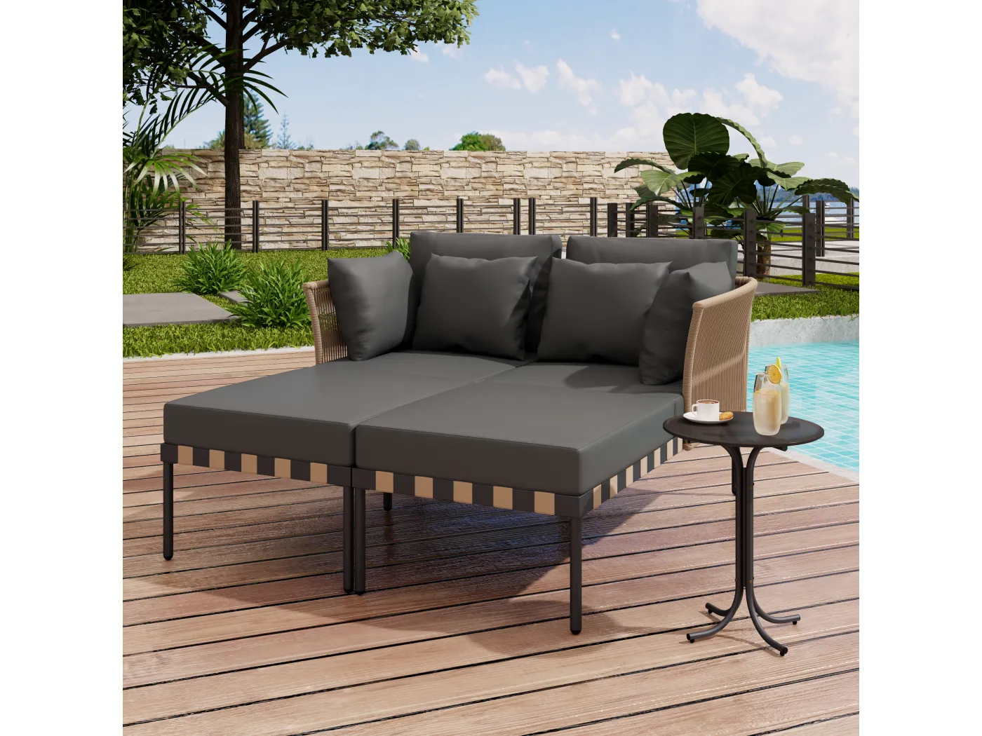 2-Sitzer-Gartenmöbelset mit 1 Couchtisch - Outdoor-Tagesbett - Rattan + Metall + geflochtenes Seil - Grau + Schwarz