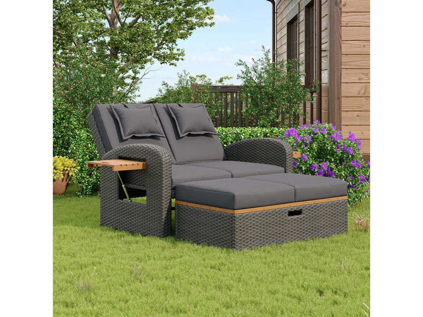 Verwandelbares 2-Sitzer-Tagesbett für den Außenbereich aus geflochtenem Harz - Beistelltisch - Chaiselongue - grau