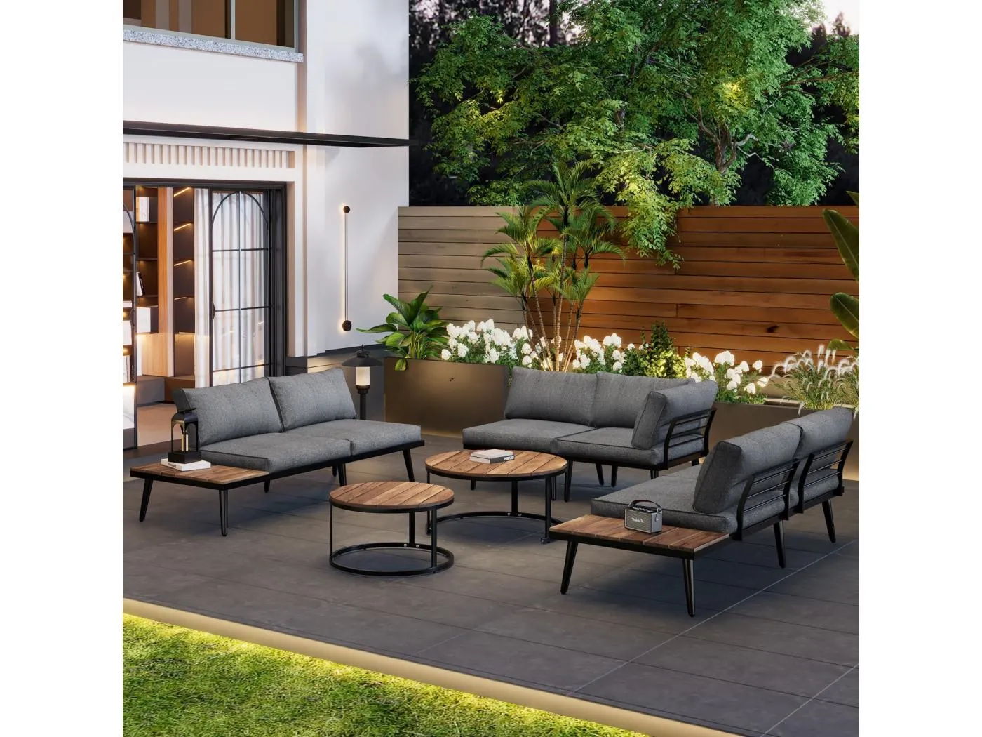 Gartenmöbel 5 bis 6 Personen, mit verzinktem Eisenrahmen und Acaciaholz, modularen Sofa + Beintischen