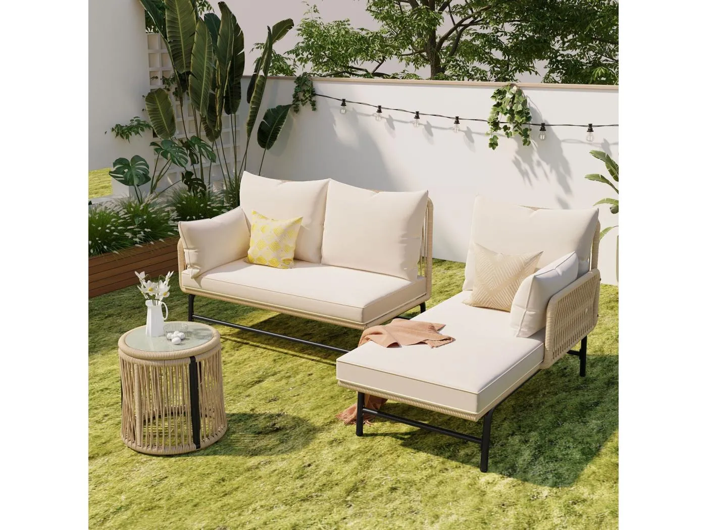 Metallgartenmöbel - mit 8 cm Beige -Kissen und Rückenlehne - 2 -seerer -Sofa + Rechts Meridian + Couchtisch