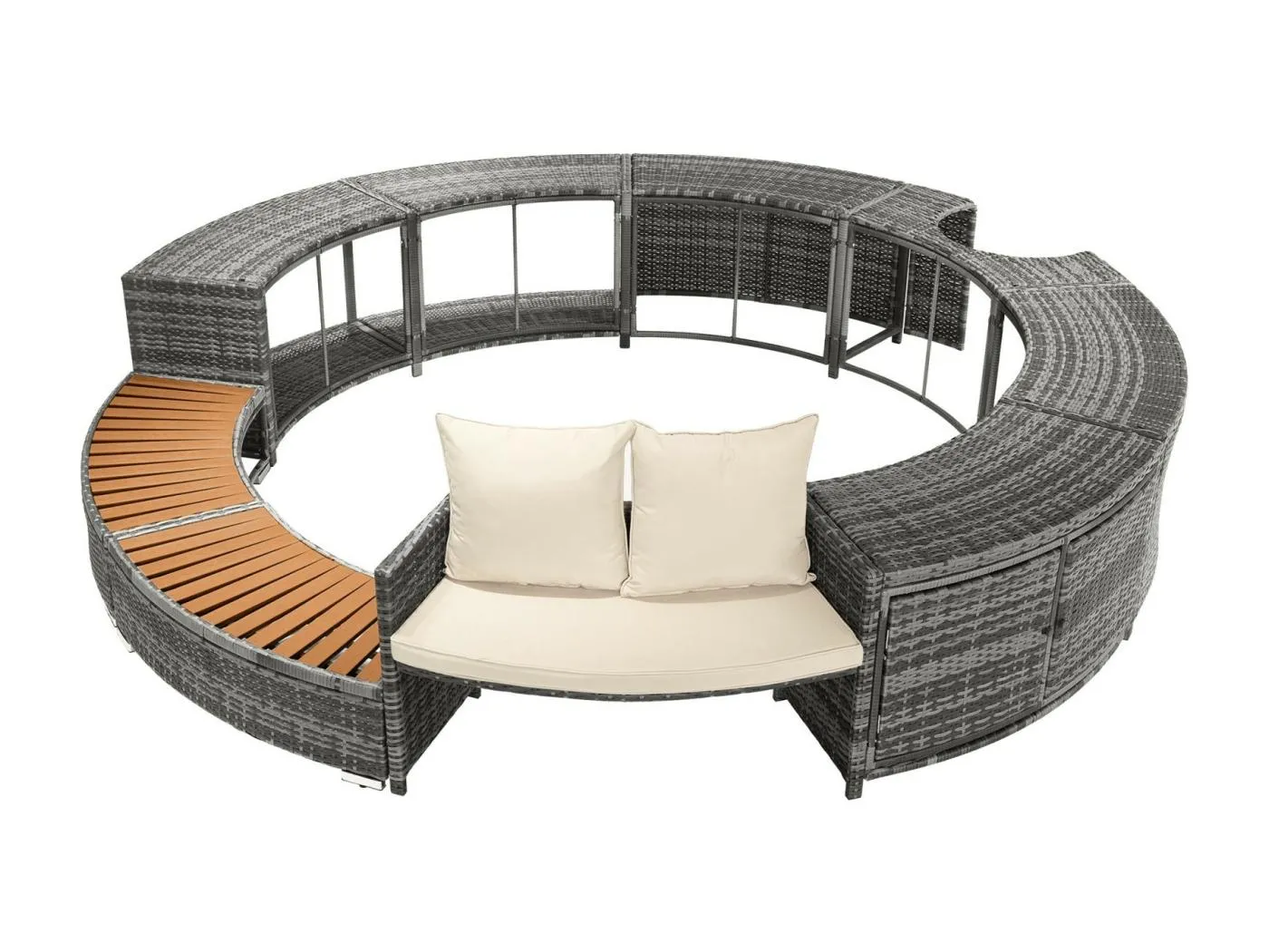 Gartenmöbel mit runden Sofa, beige Kissen und Lagerung, verstellbare Füße für aufblasbares Pool - 283x283x55 cm