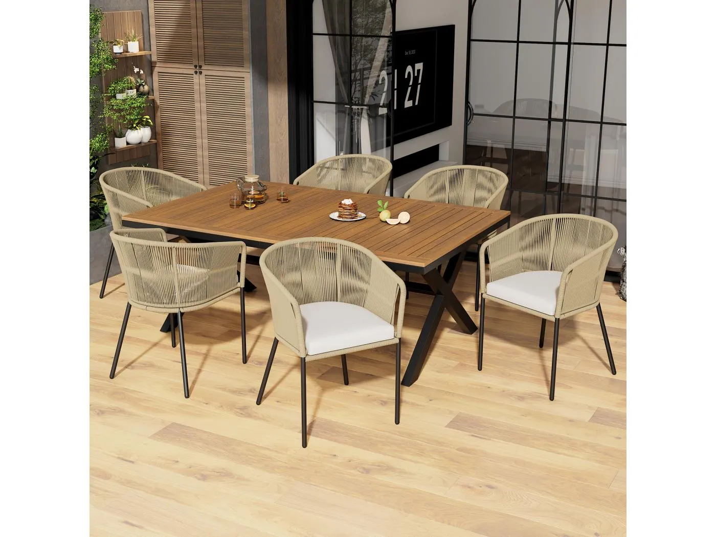 Garten-Esszimmergarnitur, 6 Sessel und 1 Tisch, Tisch aus Akazienholz, abnehmbar und waschbar.