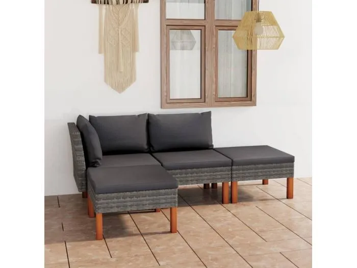 4-tlg. Garten-Lounge-Set mit Kissen Poly Rattan Grau