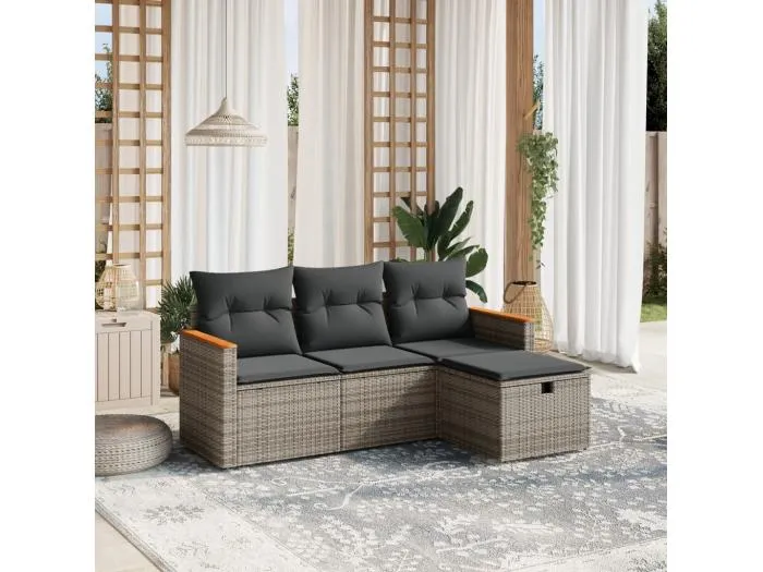 4-tlg. Garten-Sofagarnitur mit Kissen Grau Poly Rattan
