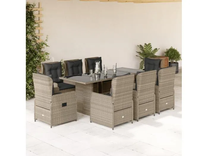 9-tlg. Garten-Essgruppe mit Kissen Hellgrau Poly Rattan