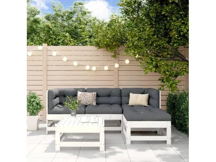 5-tlg. Garten-Lounge-Set Weiß Massivholz Kiefer