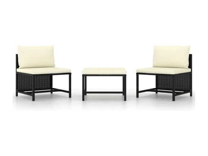 3-tlg. Garten-Sofagarnitur mit Auflagen Schwarz Poly Rattan